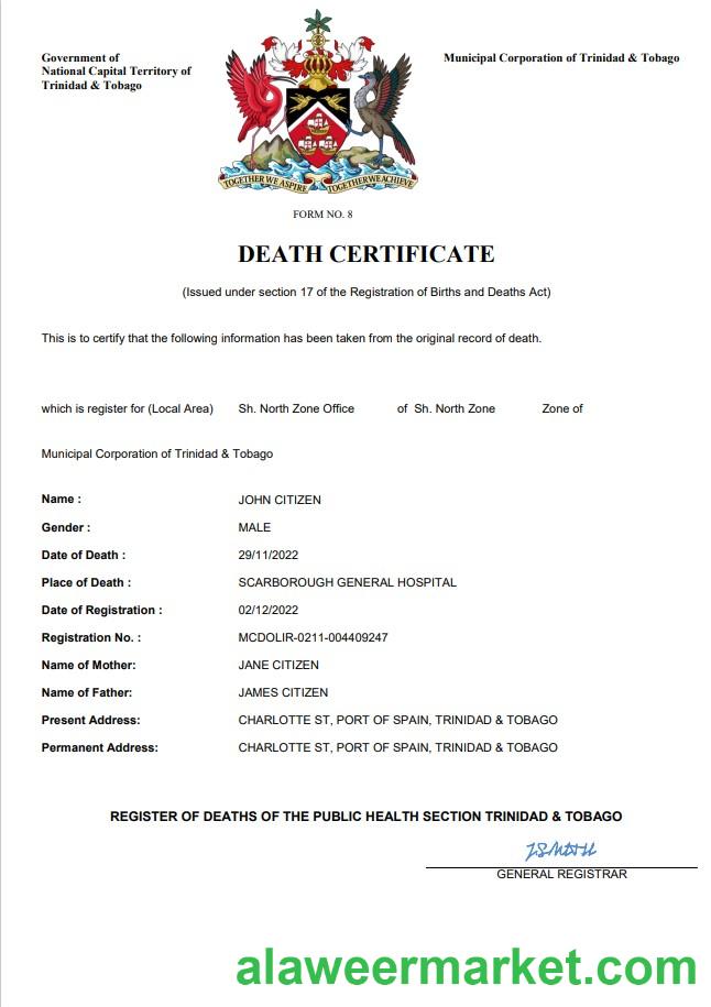 Trinidad and Tobago death certificate Word and PDF template